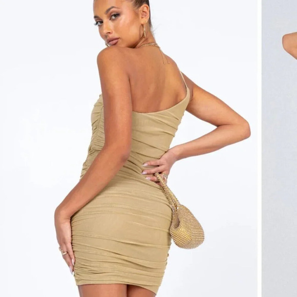 Princess Polly Jocasta Mesh Ruched One Shoulder Mini Dress Tan Size 6 - Picture 3 of 8
